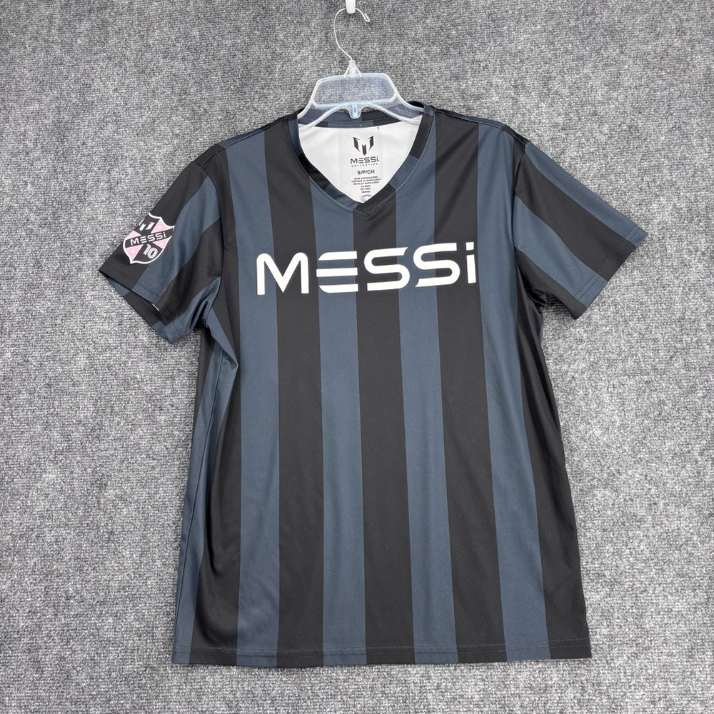 Messi Gray Black Striped V Neck Soccer Jersey Logo Men’s Small Athletic